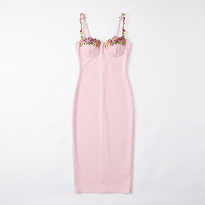 Women's Floral Appliqué Sweetheart Midi Dress, flat lay