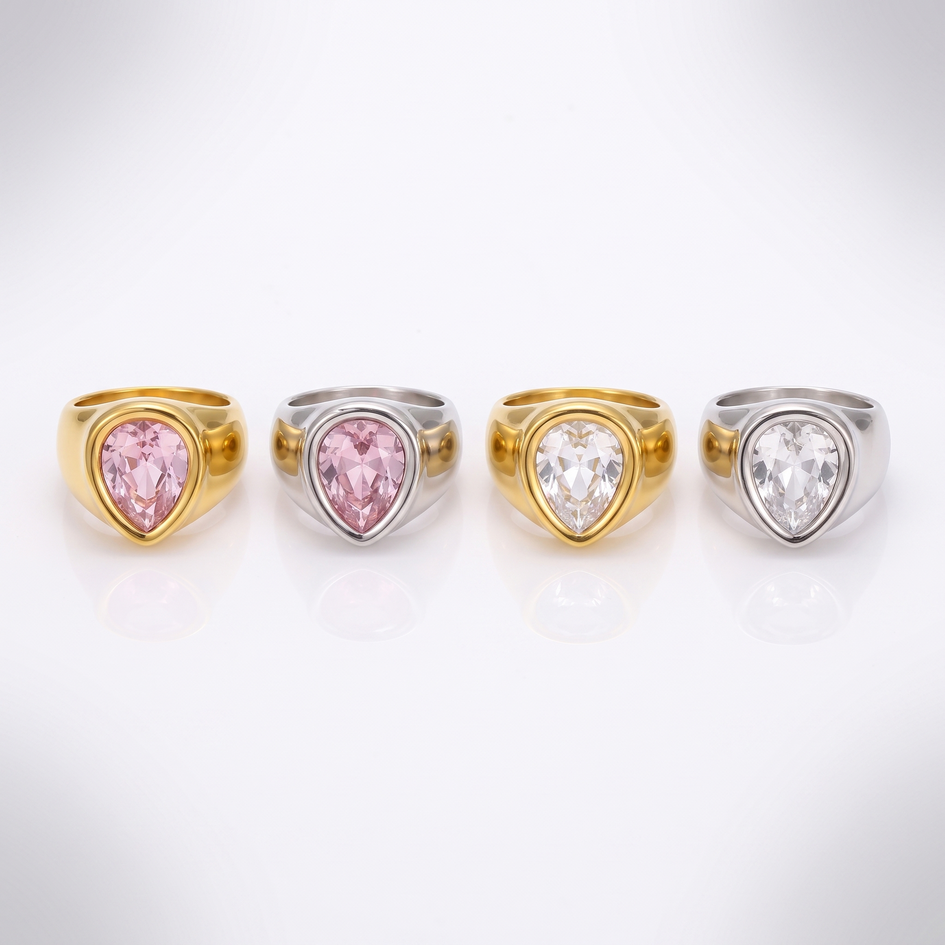 Sunoire wholesale luxury 18k gold stainless steel fashion rings for women water drop shaped czech diamond zircon jewelry 06 collection all styles