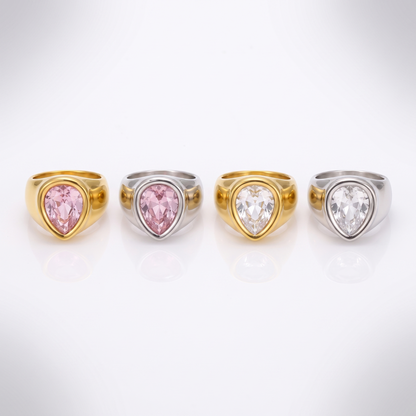 Sunoire wholesale luxury 18k gold stainless steel fashion rings for women water drop shaped czech diamond zircon jewelry 06 collection all styles