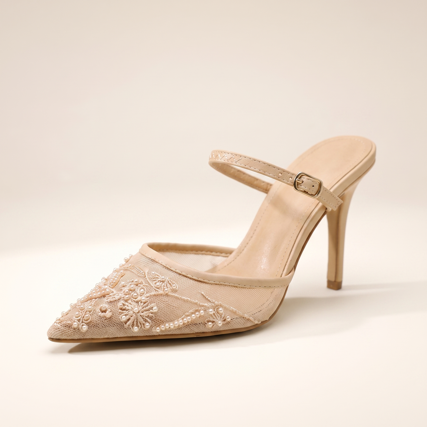 Sunoire womens embroidered mesh mule heels floral pointed toe 06 colorway beige