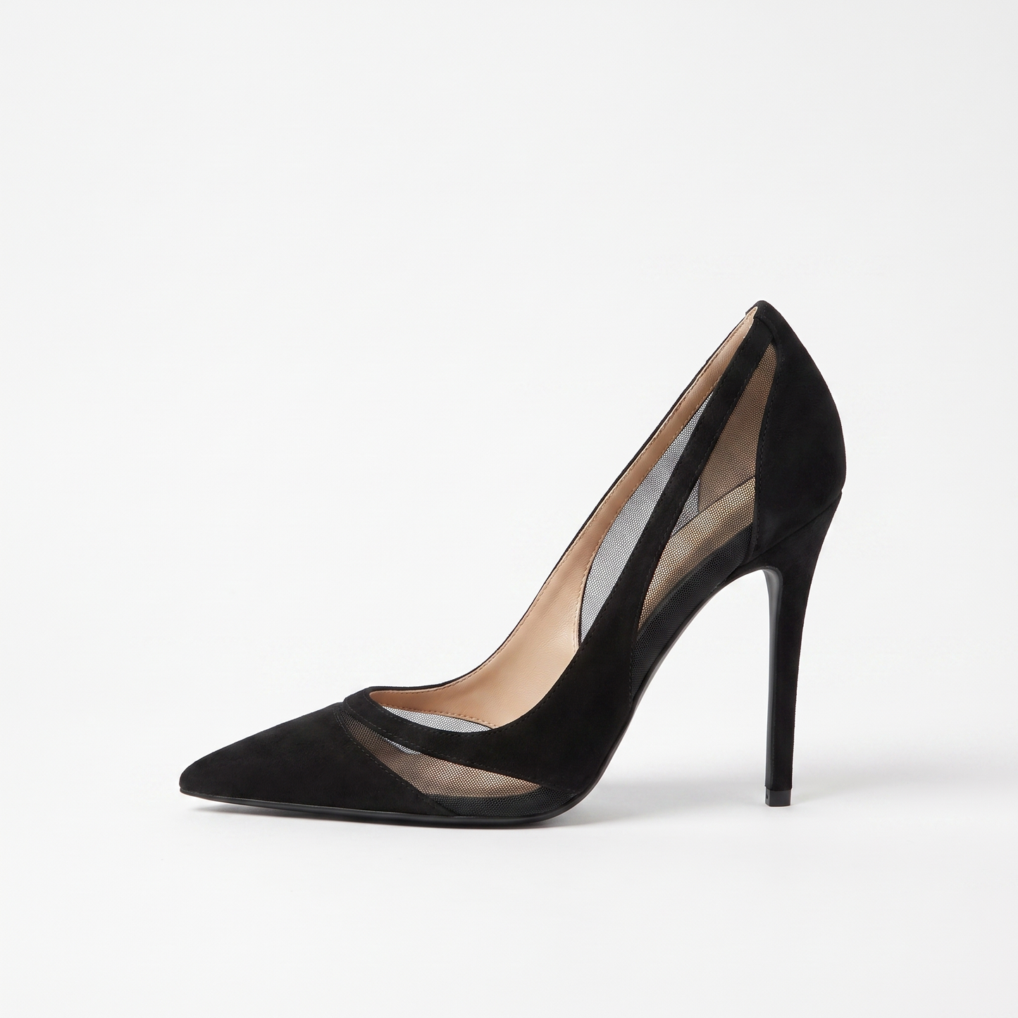 Sunoire spring new splicing mesh silver high heels women s pointed head light mouth temperament thin heel shoes 06 colorway black