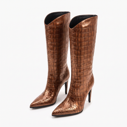 Sunoire fashion women s winter boots western style knee high with pointed toe sexy high heel croc pu wide calf ladies slip on design 06 colorway bronze
