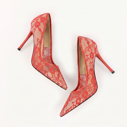 Sunoire 2026 new european american sexy sleek solid 8cm thin heel womens shoes slip on pointed toe netted lace openwork design 06 colorway coral red
