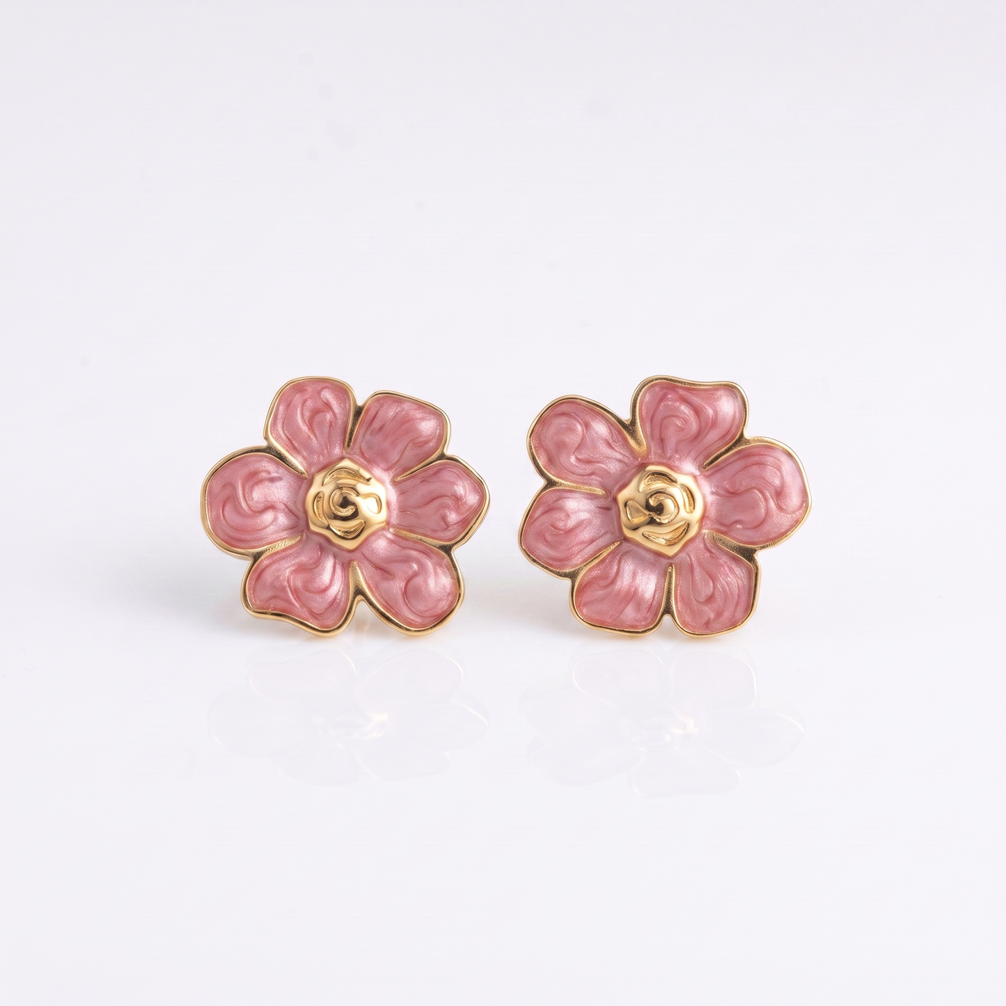 Sunoire women s trendy stainless steel stud earrings minimalist six petaled flower lucky gold color plating wholesale retro party 06 flatlay pink
