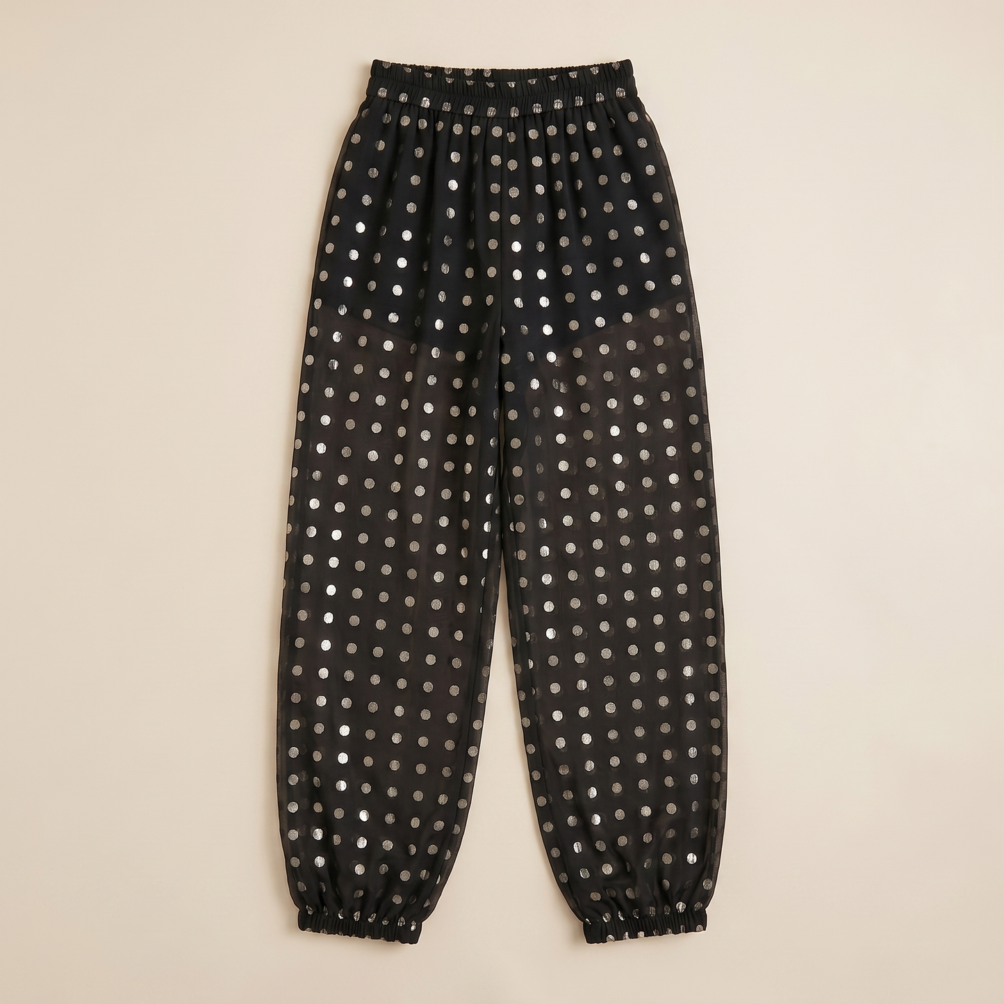 Sunoire chicme womens polka dot sheer lantern pants high waist loose fit harem pants vintage see through trousers with lining 06 garment flatlay