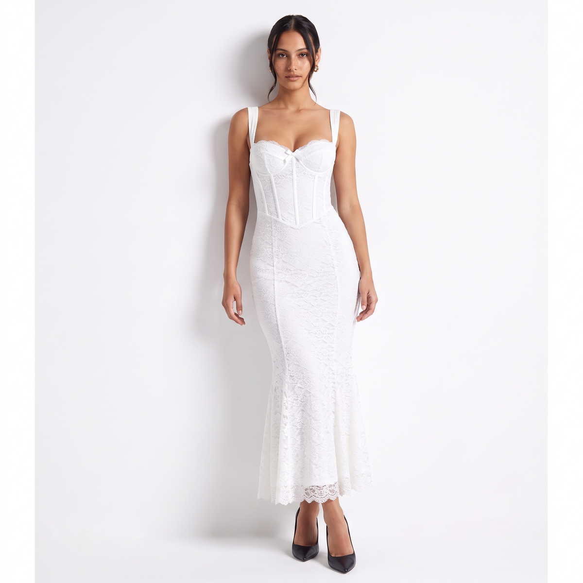 Women's Scalloped Lace Bustier Maxi Dress, in White, front view