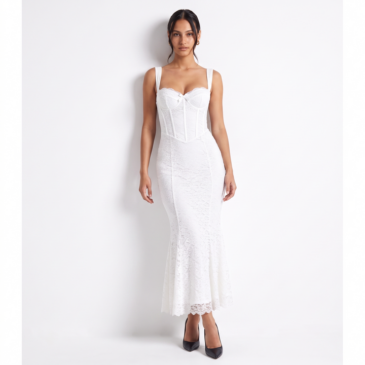 Women's Scalloped Lace Bustier Maxi Dress – Black Bodycon Evening Dress — White