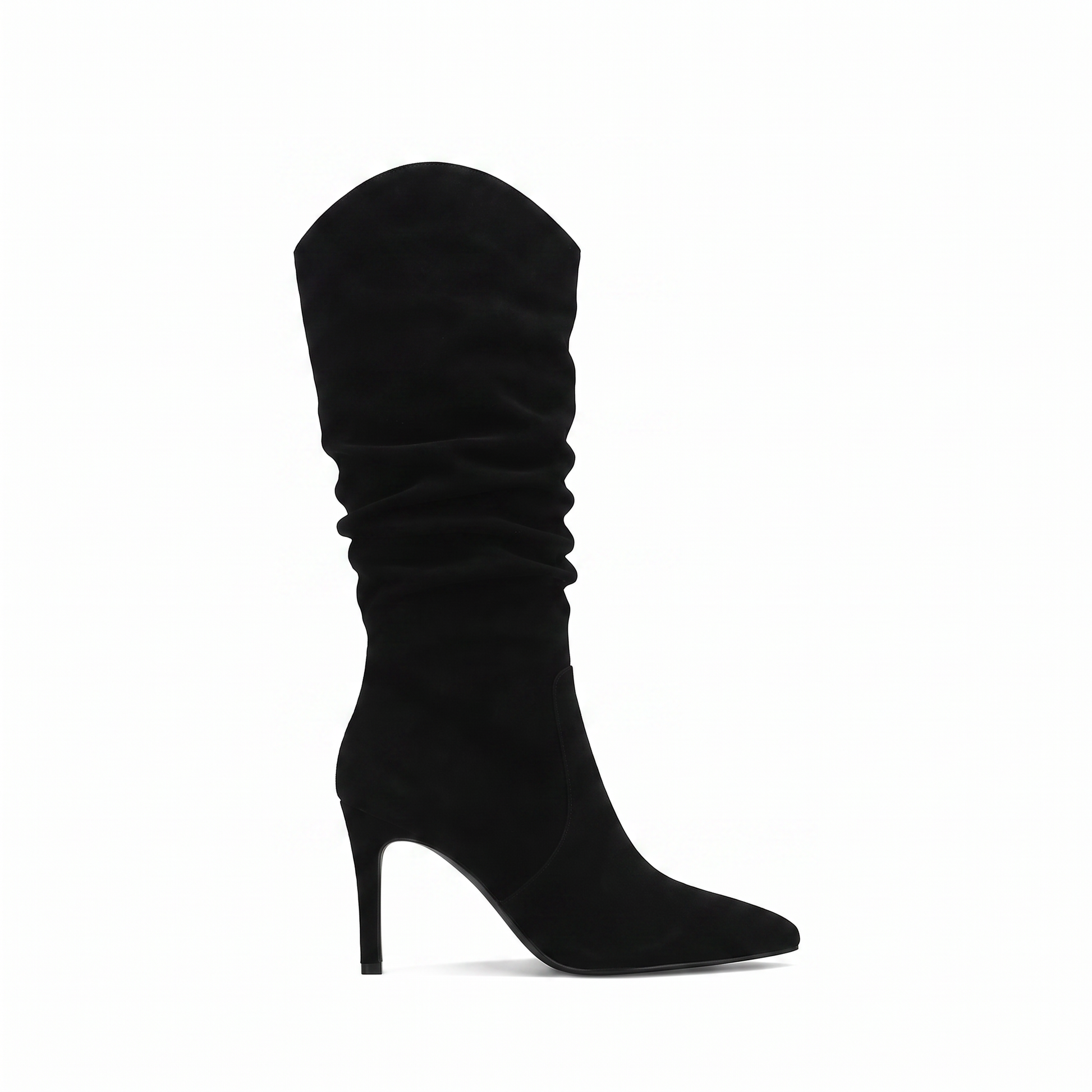 Sunoire stiletto knee high tassel boot women elegant pointed toe slip on closure 9cm heel spring autumn winter fashion denim loose light 06 lateral profile black