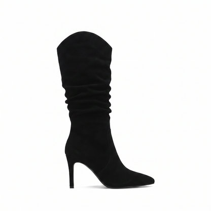 Sunoire stiletto knee high tassel boot women elegant pointed toe slip on closure 9cm heel spring autumn winter fashion denim loose light 06 lateral profile black