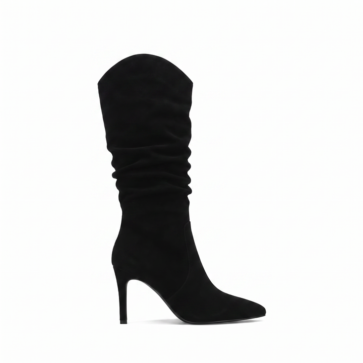 Sunoire stiletto knee high tassel boot women elegant pointed toe slip on closure 9cm heel spring autumn winter fashion denim loose light 06 lateral profile black
