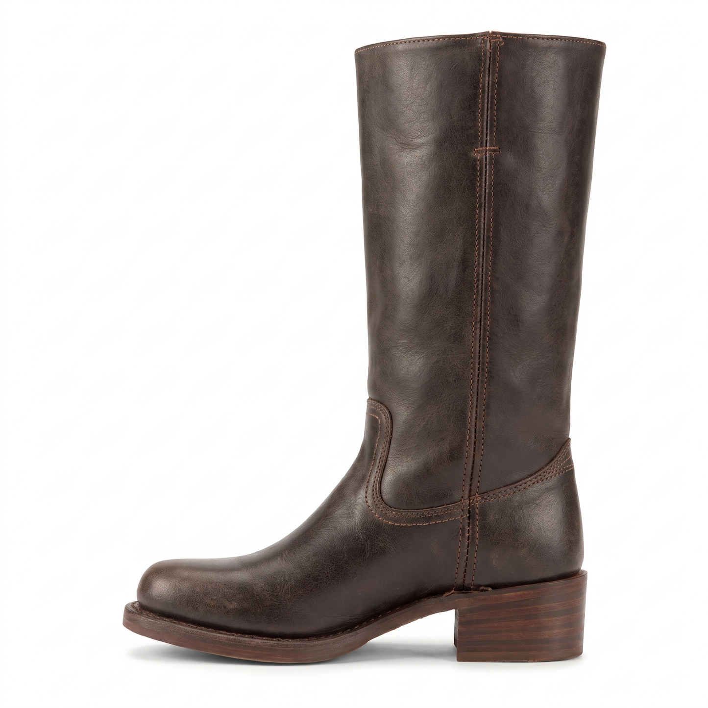 Sunoire mid calf block heel closed toe boots 06 lateral profile brown