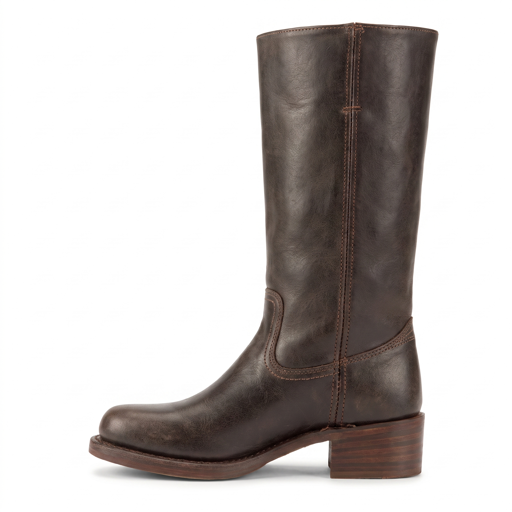 Sunoire mid calf block heel closed toe boots 06 lateral profile brown