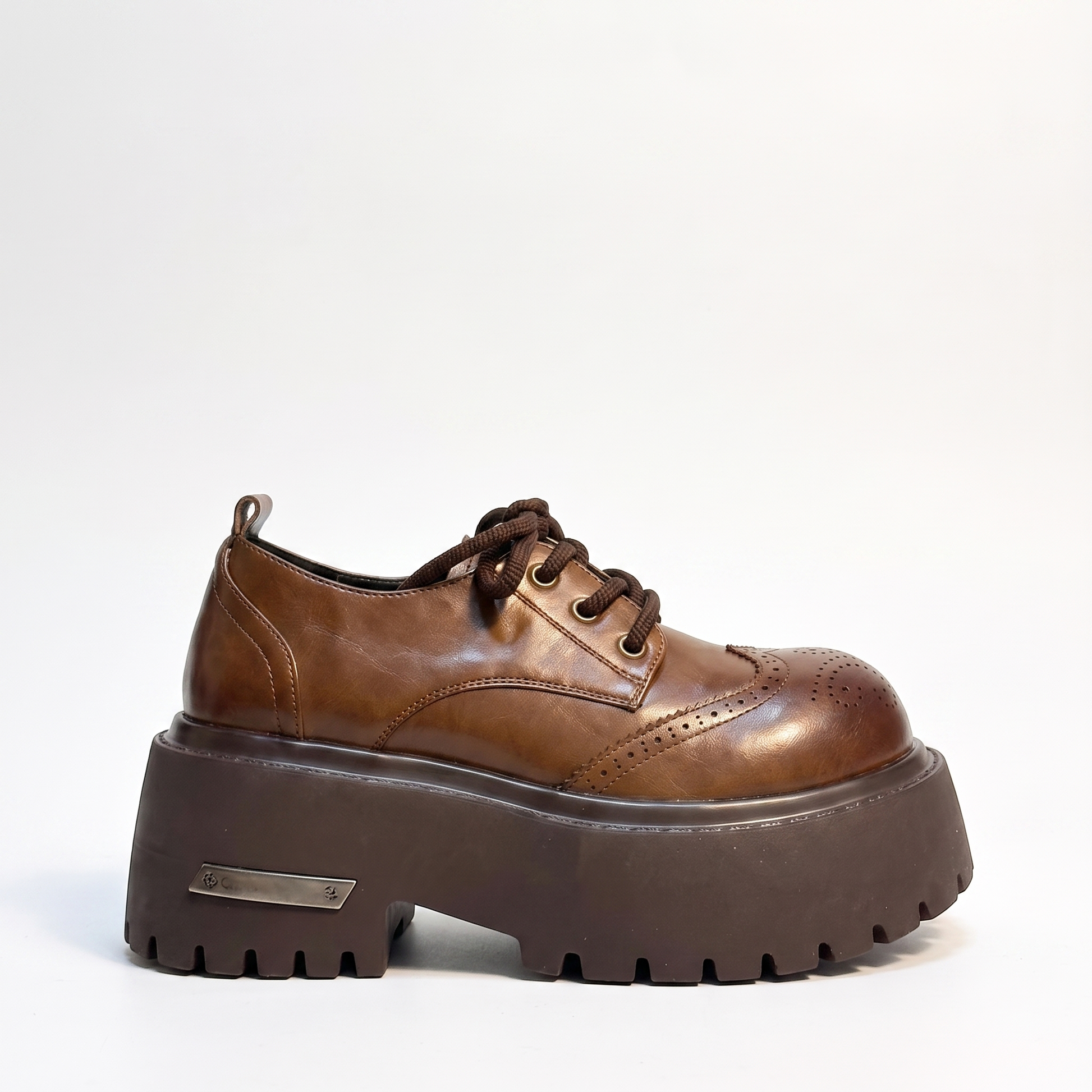 Sunoire european british style women s derby shoes loafers color washed genuine leather thick soled platform lace up height increasing 06 lateral profile camel