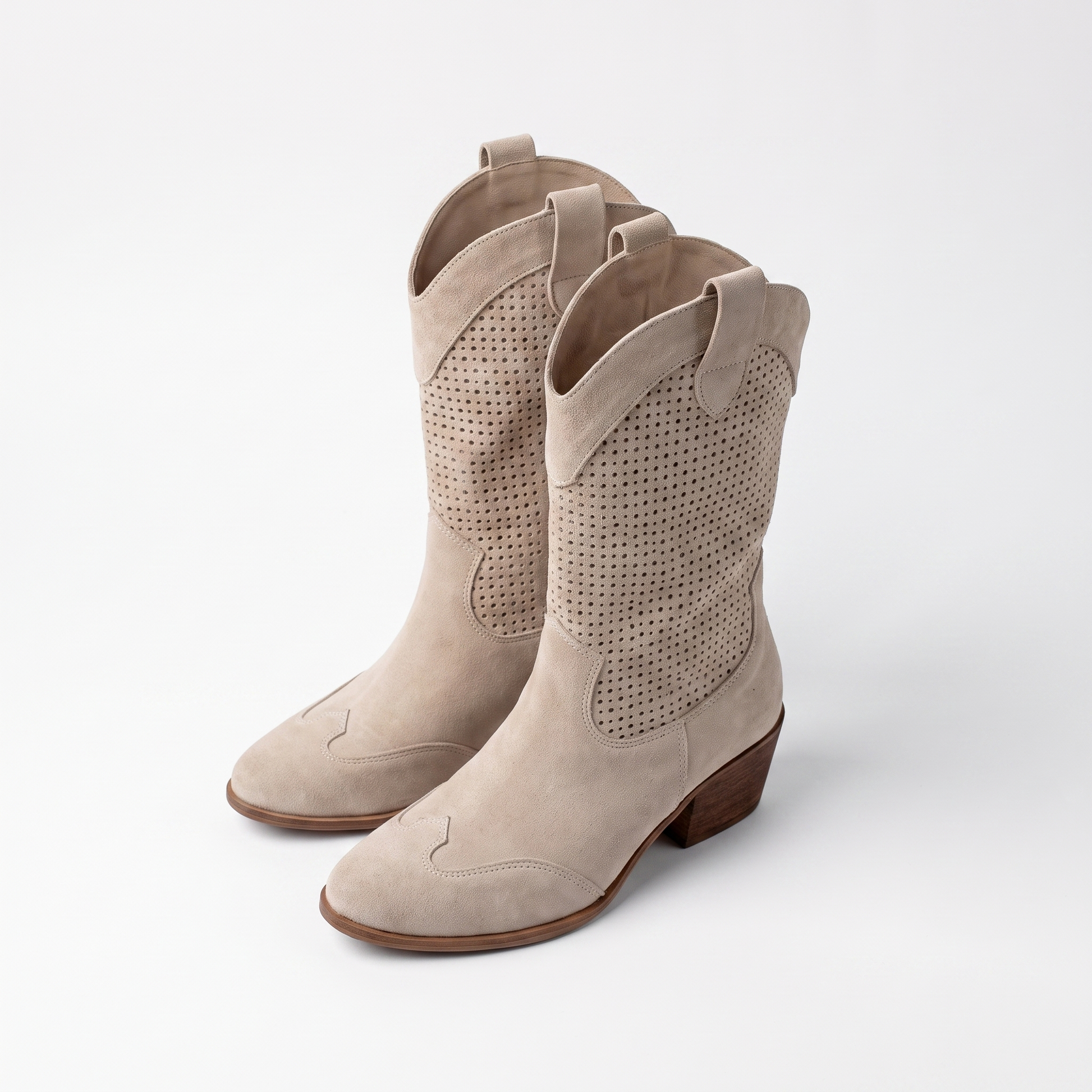 Sunoire mid calf perforated western boots 06 pair flatlay beige