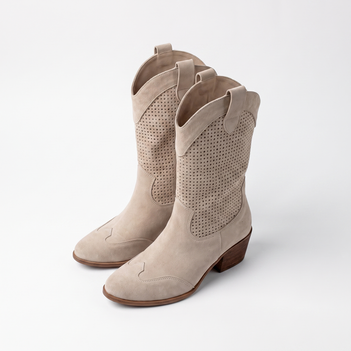 Sunoire mid calf perforated western boots 06 pair flatlay beige