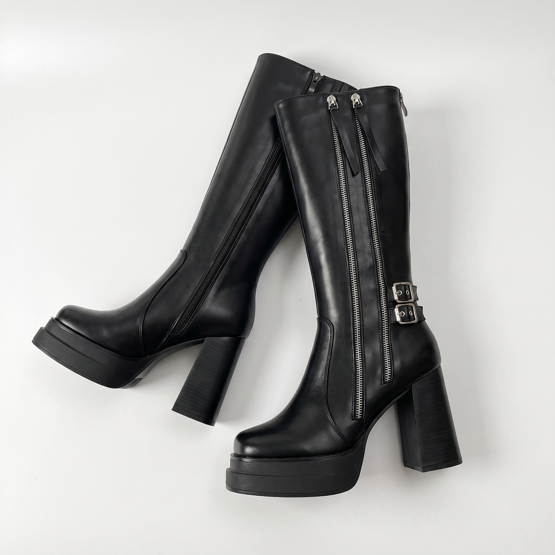 Sunoire women s pointed toe platform high heeled knee high boots with zipper closure pu upper fashionable essential for any occasion 06 pair flatlay black