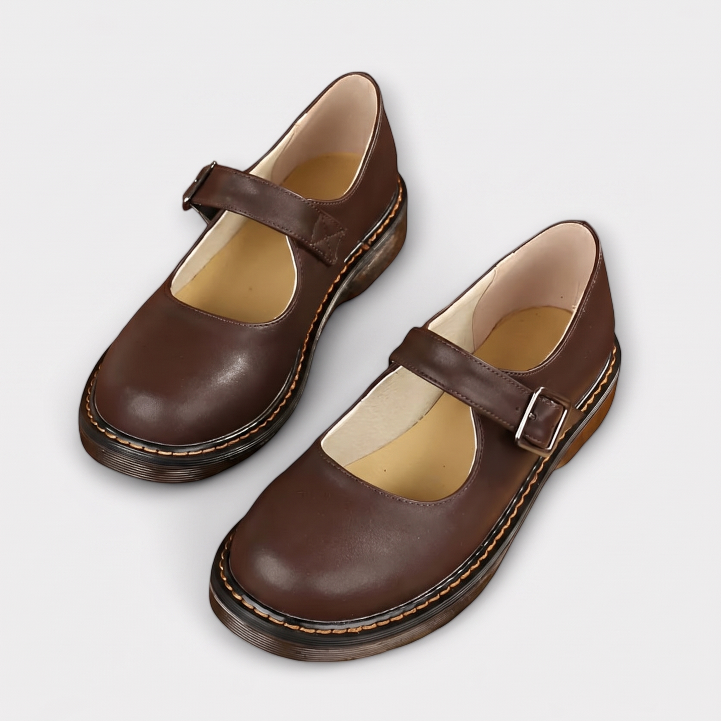 Sunoire womens elegant mary jane shoes classic flat sole with buckle strap 06 pair flatlay brown