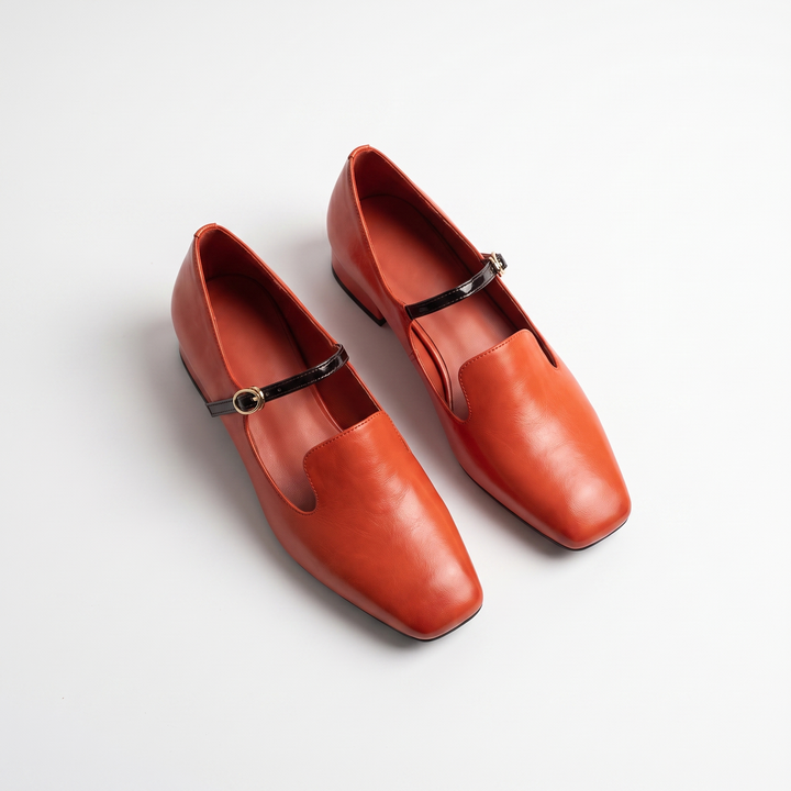 Sunoire wholesale dark green pu mary jane heels loafers women square toe mixed color block heel office pumps 06 pair flatlay red orange