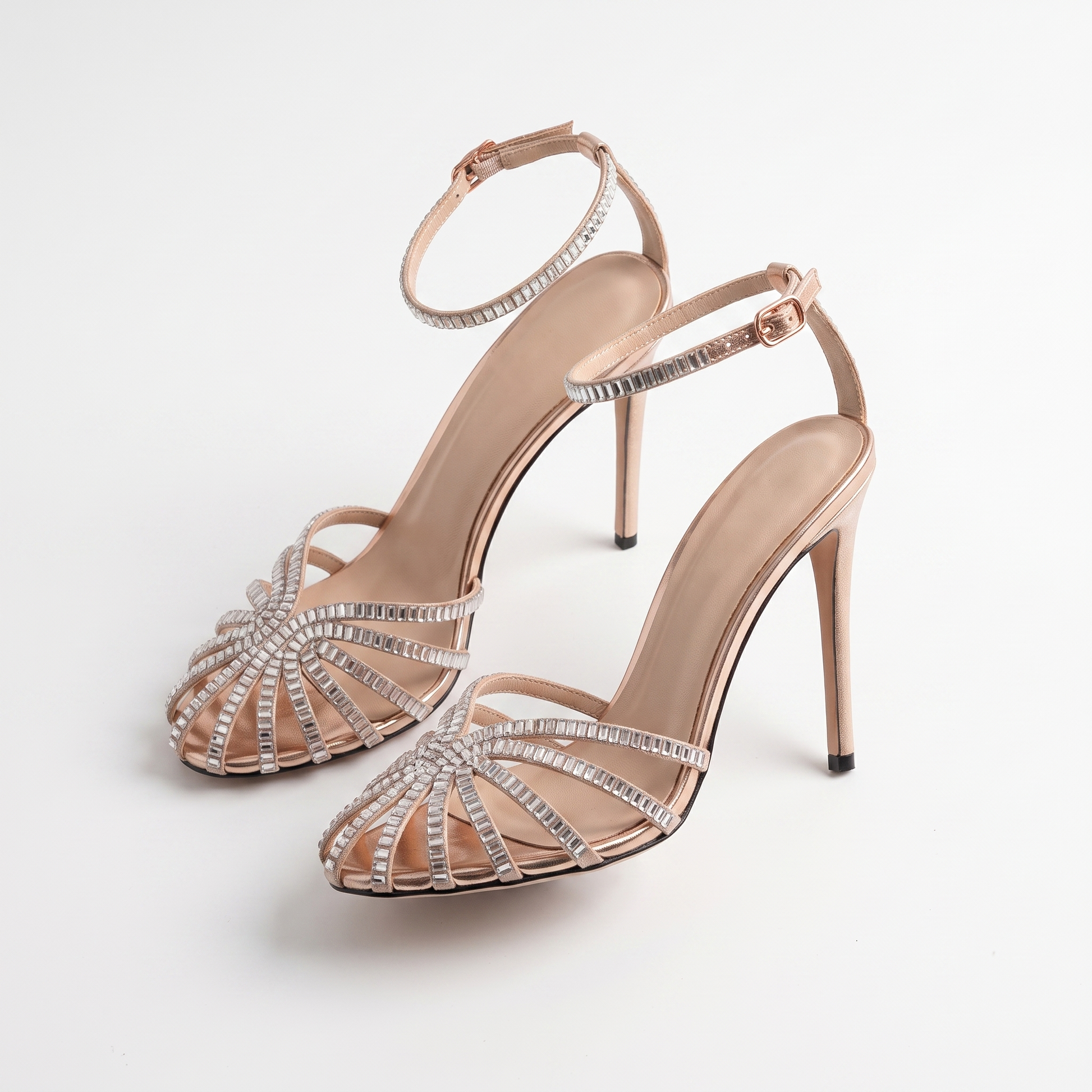 Sunoire foot covered rhinestones 2026 summer new round toe cutout stiletto sandals banquet heels 06 pair flatlay rose gold