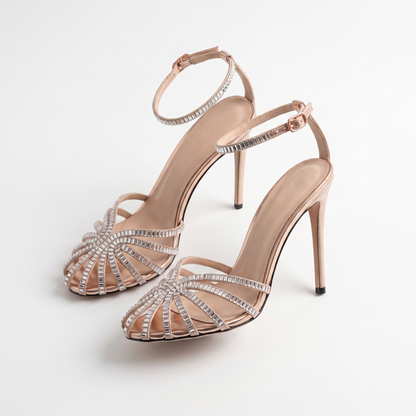 Sunoire foot covered rhinestones 2026 summer new round toe cutout stiletto sandals banquet heels 06 pair flatlay rose gold