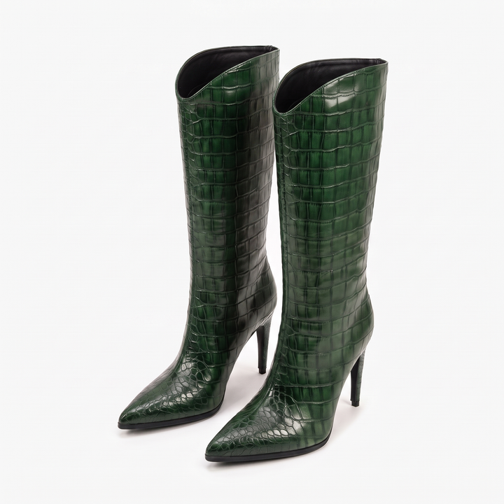 Sunoire fashion women s winter boots western style knee high with pointed toe sexy high heel croc pu wide calf ladies slip on design 07 colorway green