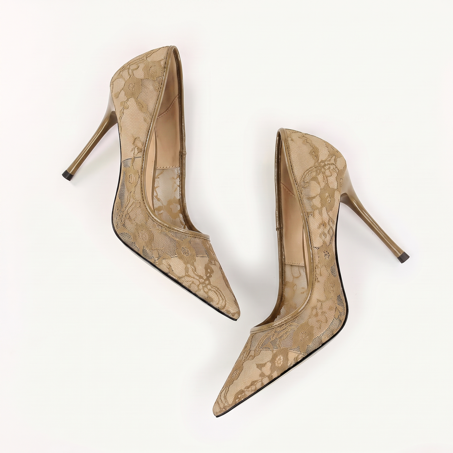 Sunoire 2026 new european american sexy sleek solid 8cm thin heel womens shoes slip on pointed toe netted lace openwork design 07 colorway khaki