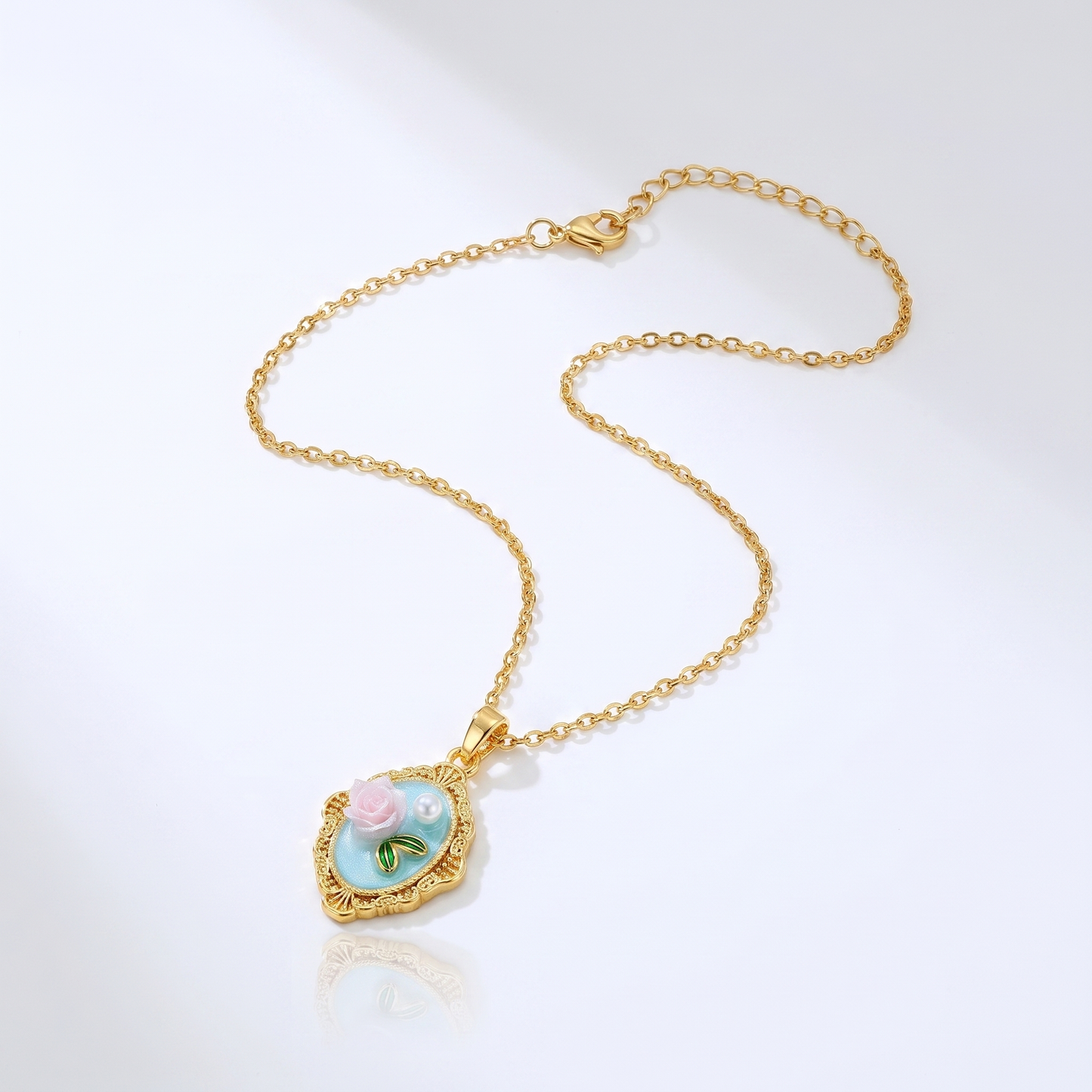 Sunoire dropshipping products wholesale fashion pearl flower transparent gold plated enamel pendant necklace jewelry sets for women 07 flatlay rose blue