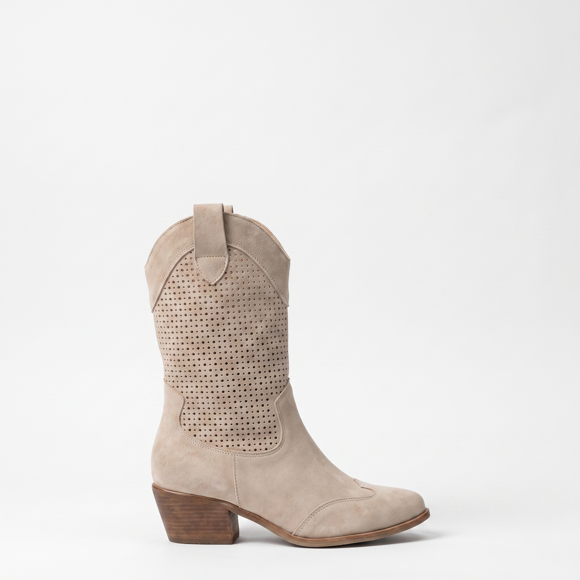 Sunoire mid calf perforated western boots 07 lateral profile beige