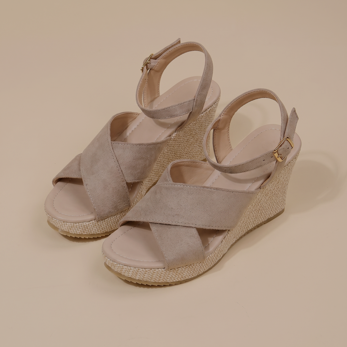 Sunoire crossover espadrille wedges 07 pair flatlay beige