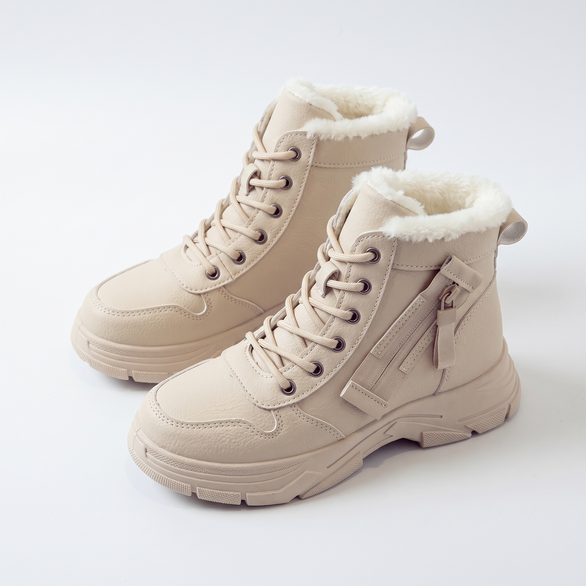 Fleece Lined Chunky Sole Snow Boots, Beige Lace Up Winter Boots, pair view