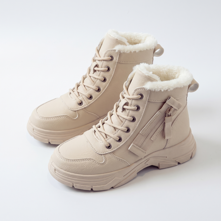 Fleece Lined Chunky Sole Snow Boots, Beige Lace Up Winter Boots, pair view