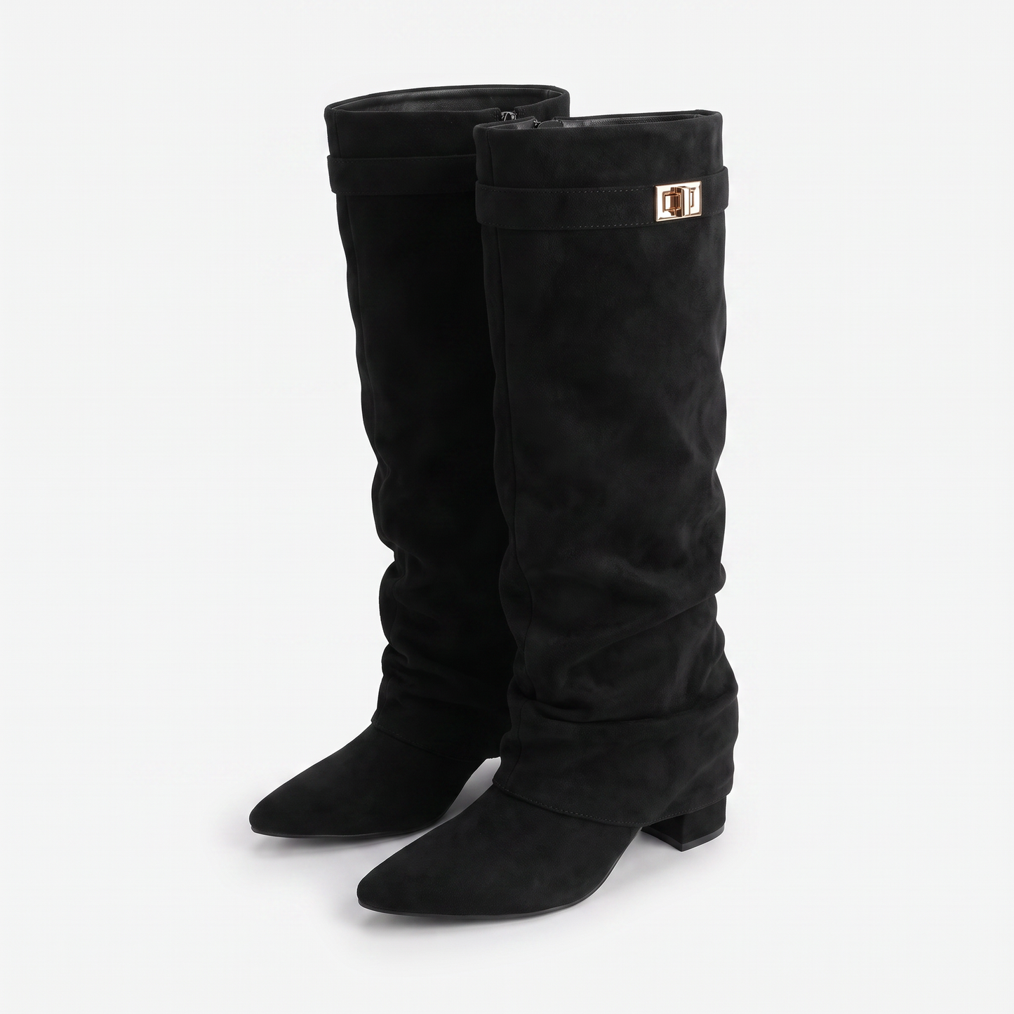 Sunoire isla womens slouch knee high boots pointed toe 07 pair flatlay black suede