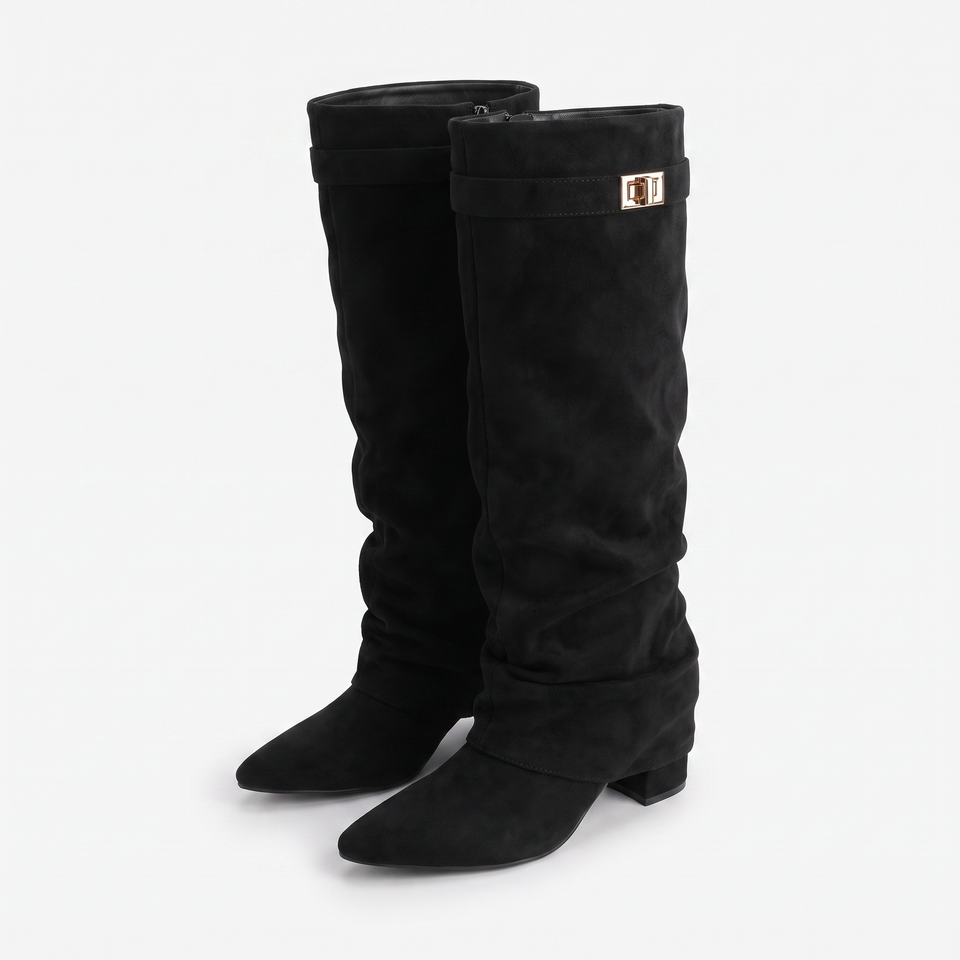 Sunoire isla womens slouch knee high boots pointed toe 07 pair flatlay black suede