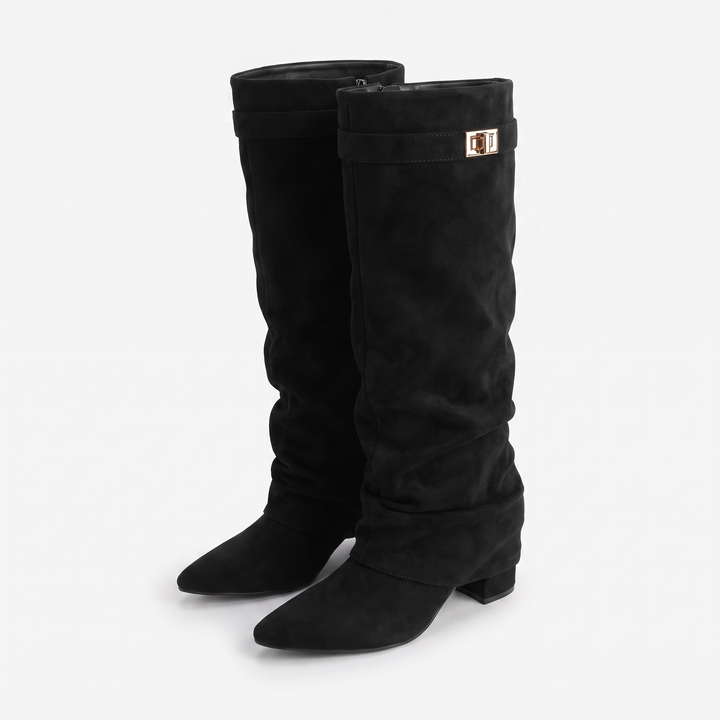 Sunoire isla womens slouch knee high boots pointed toe 07 pair flatlay black suede