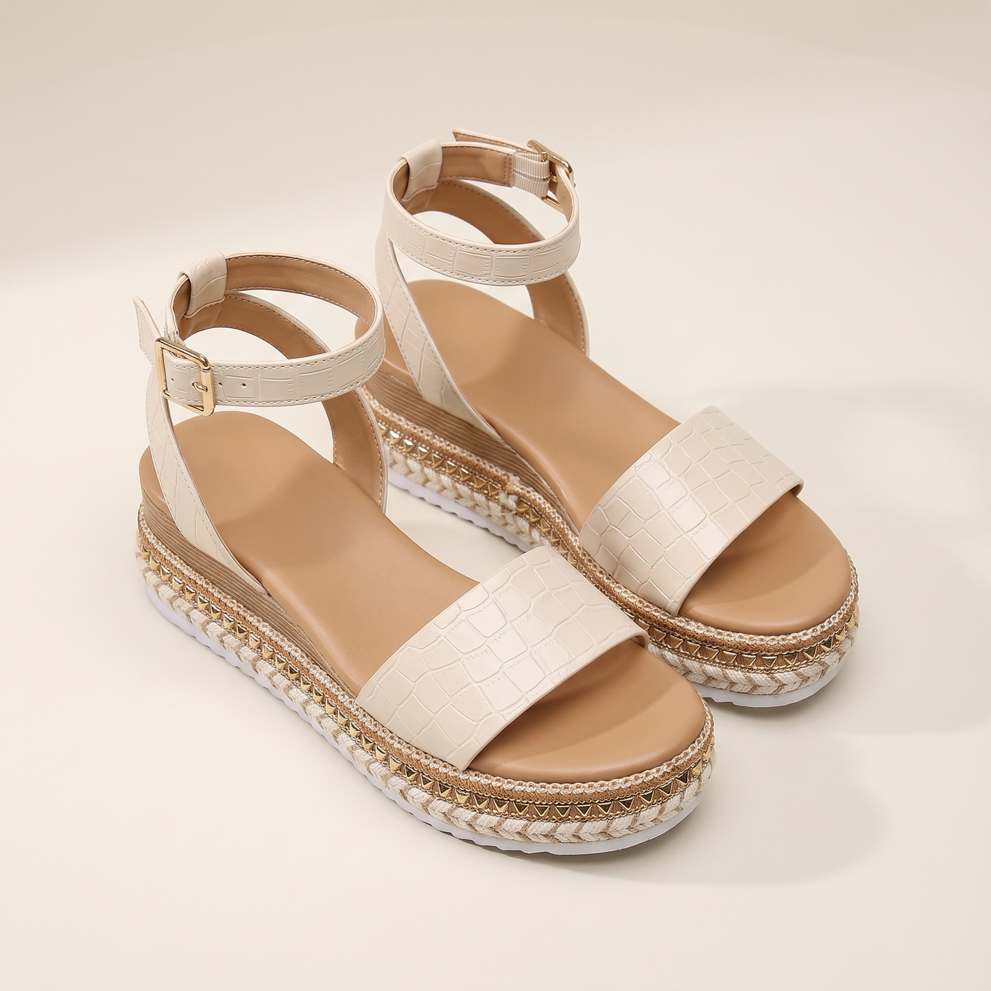 Sunoire summer platform sandals with ankle strap and textured sole 07 pair flatlay cream beige