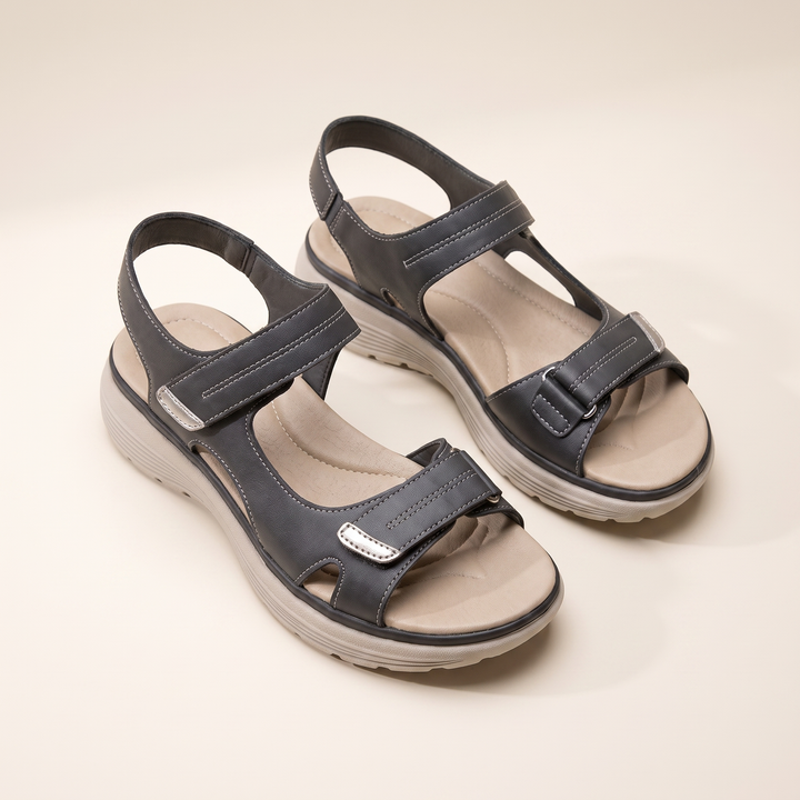 Sunoire dual strap walking sandals 07 pair flatlay dark gray