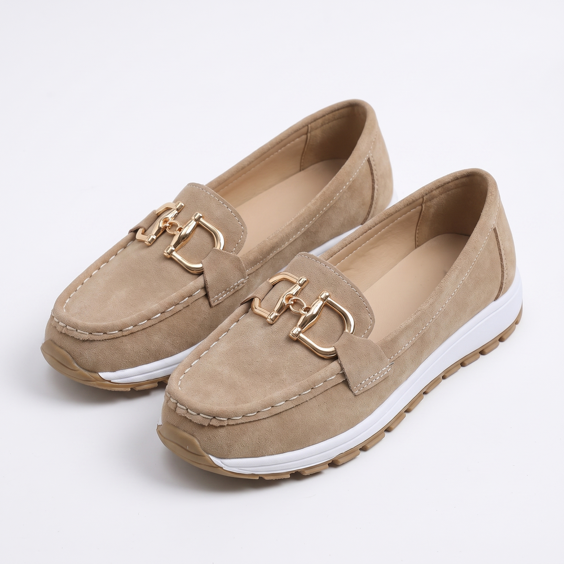 Sunoire womens gold horsebit slip on moc toe platform loafers 07 pair flatlay khaki