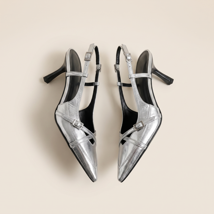 Sunoire samantha slingback pumps mit schnalle 07 pair flatlay silver