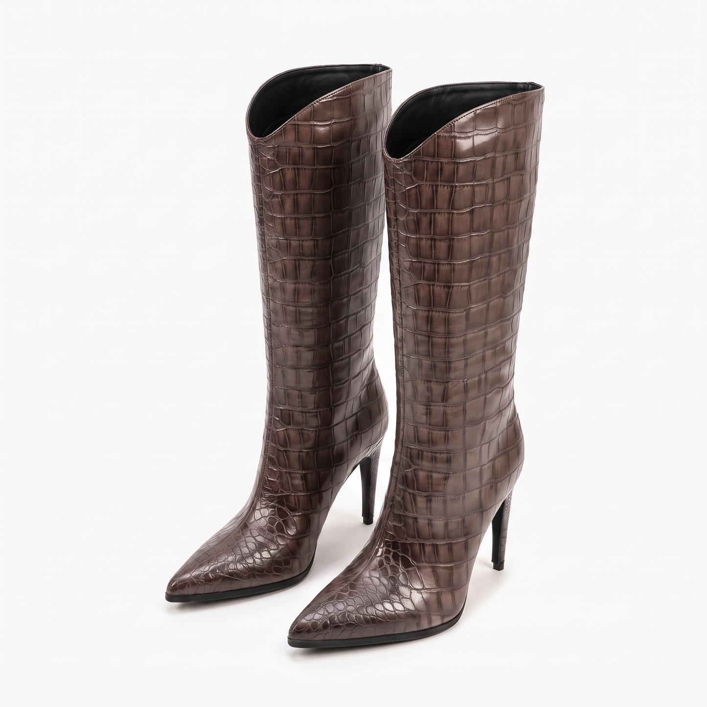 Sunoire fashion women s winter boots western style knee high with pointed toe sexy high heel croc pu wide calf ladies slip on design 08 colorway grey