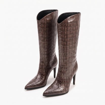 Sunoire fashion women s winter boots western style knee high with pointed toe sexy high heel croc pu wide calf ladies slip on design 08 colorway grey