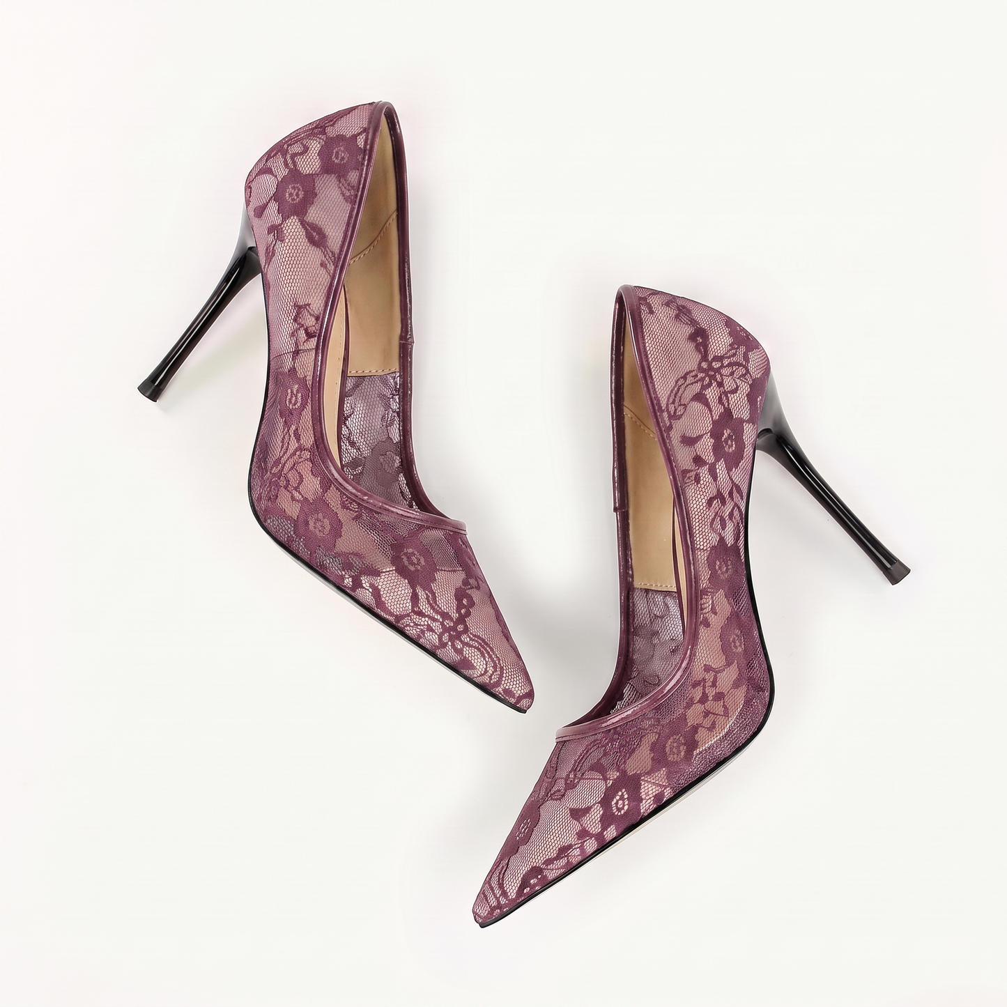 Sunoire 2026 new european american sexy sleek solid 8cm thin heel womens shoes slip on pointed toe netted lace openwork design 08 colorway mauve