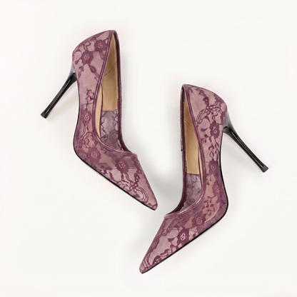 Sunoire 2026 new european american sexy sleek solid 8cm thin heel womens shoes slip on pointed toe netted lace openwork design 08 colorway mauve