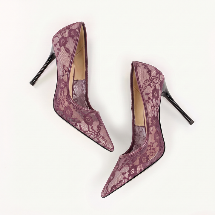 Sunoire 2026 new european american sexy sleek solid 8cm thin heel womens shoes slip on pointed toe netted lace openwork design 08 colorway mauve