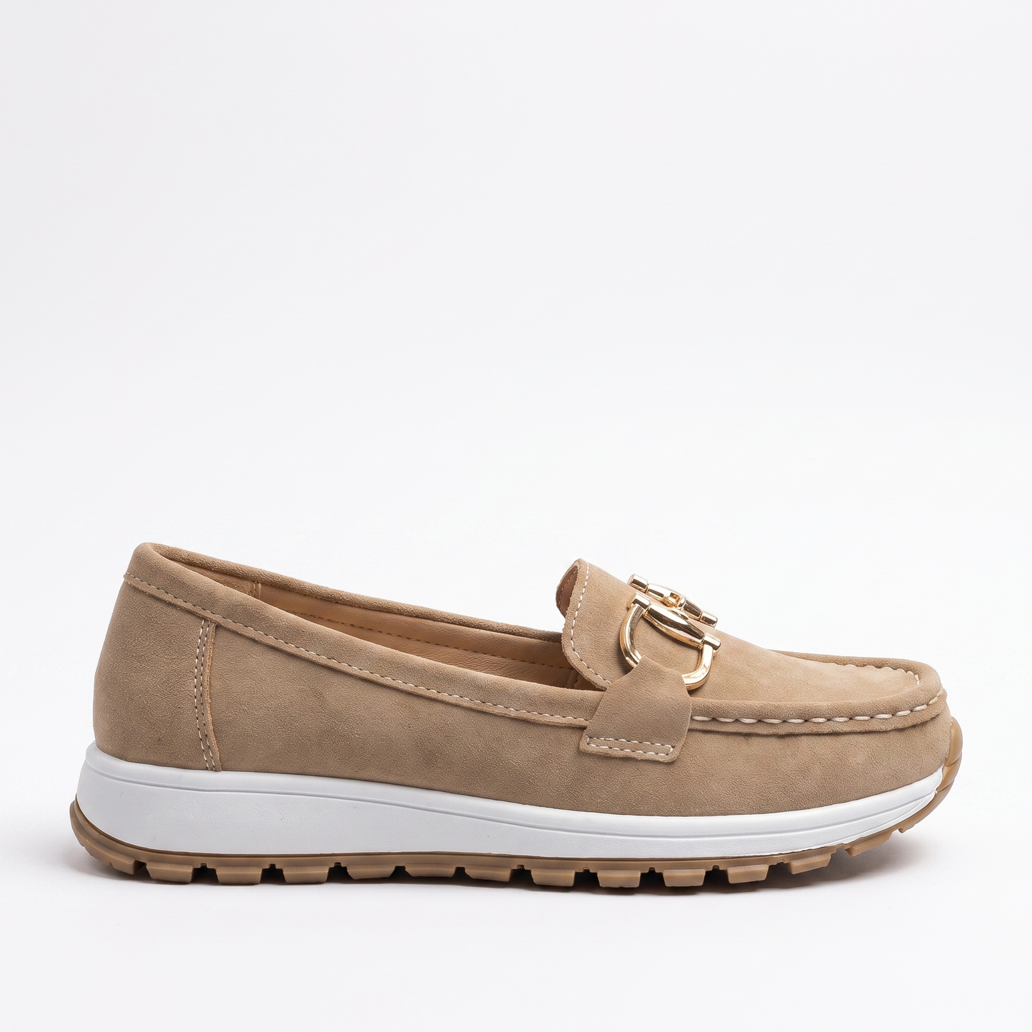 Sunoire womens gold horsebit slip on moc toe platform loafers 08 lateral profile khaki