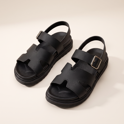 Sunoire ladies comfortable slip on sandals thick sole adjustable summer shoes 08 pair flatlay black
