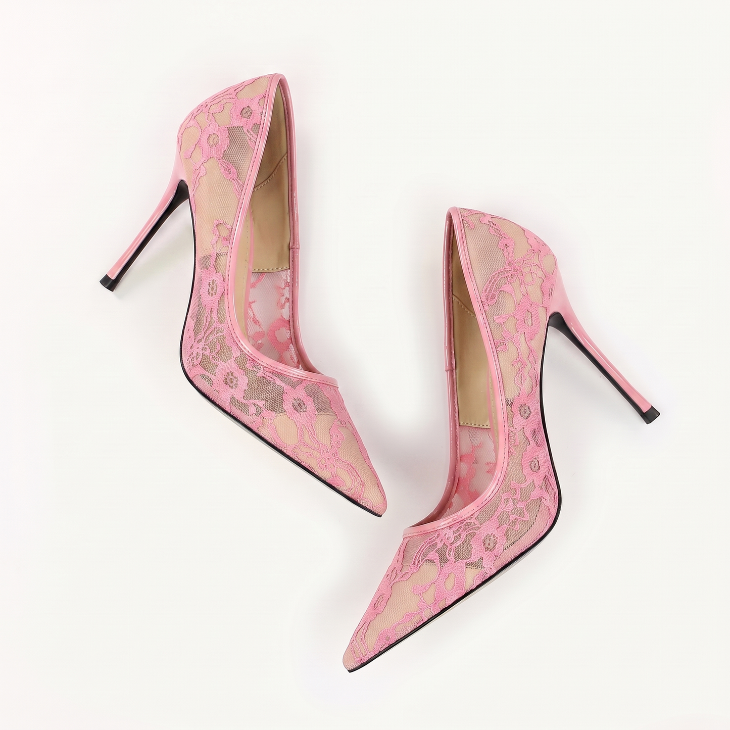 Sunoire 2026 new european american sexy sleek solid 8cm thin heel womens shoes slip on pointed toe netted lace openwork design 09 colorway pink