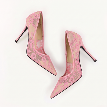 Sunoire 2026 new european american sexy sleek solid 8cm thin heel womens shoes slip on pointed toe netted lace openwork design 09 colorway pink