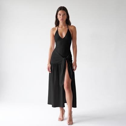 Sunoire 1 moq sexy v neck elegant backless slit skirt casual bodycon jumpsuit and skirt women set colorway black front hero 01