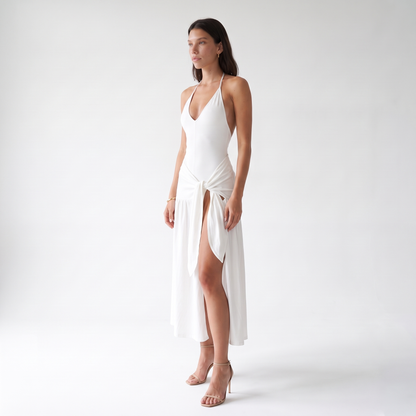 Sunoire 1 moq sexy v neck elegant backless slit skirt casual bodycon jumpsuit and skirt women set three quarter 01