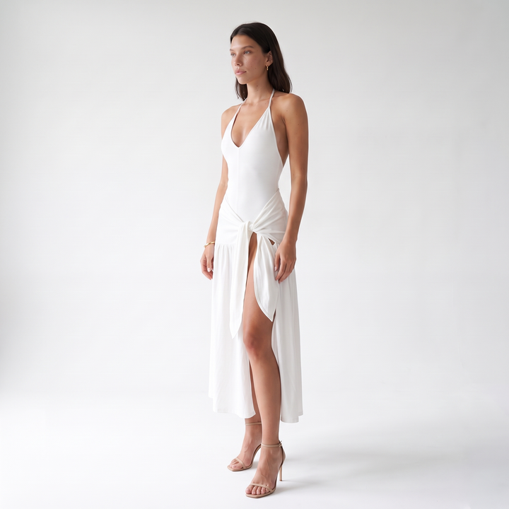 Sunoire 1 moq sexy v neck elegant backless slit skirt casual bodycon jumpsuit and skirt women set three quarter 01
